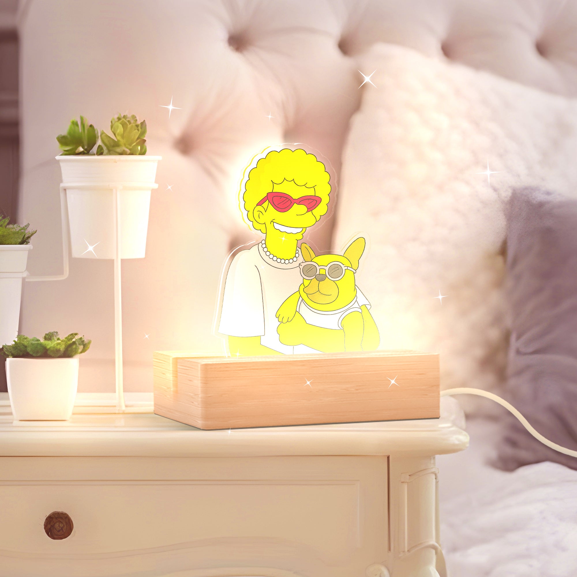 Lámpara estilo LOS SIMPSON con base de madera para Mascotas