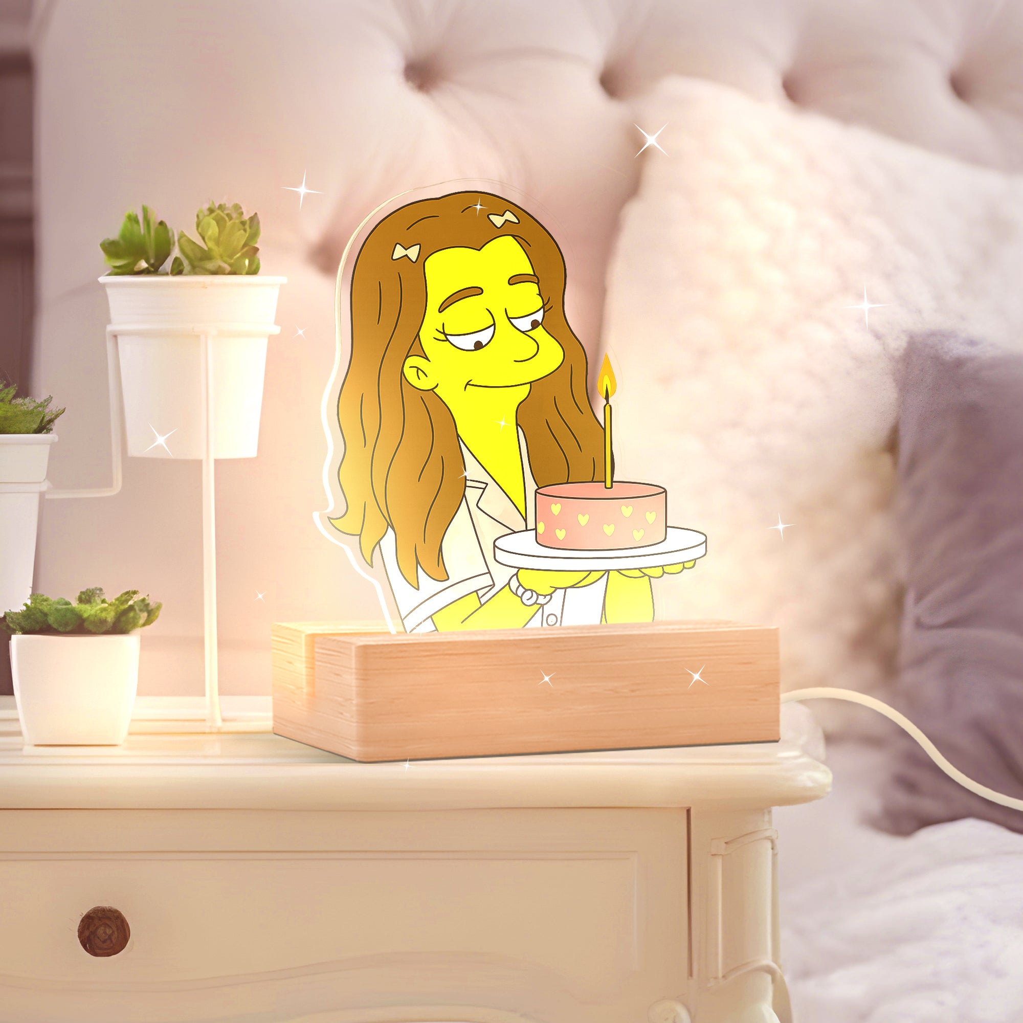 Lámpara estilo LOS SIMPSON con base de madera para Cumpleaños