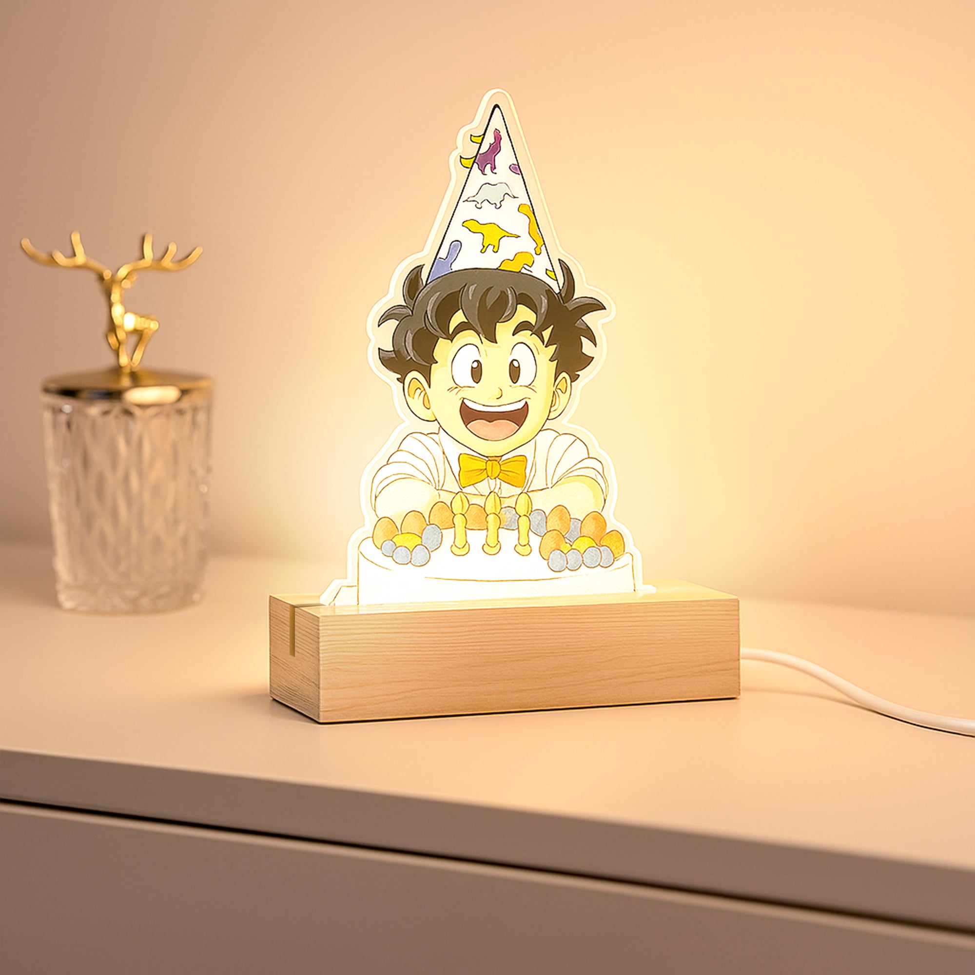 Lámpara estilo DRAGONBALL con base de madera para Cumpleaños