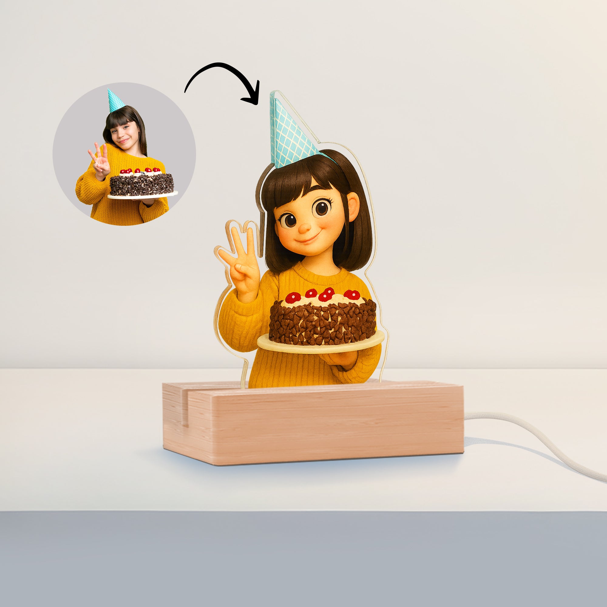 Lámpara estilo CARICATURA con base de madera para Cumpleaños